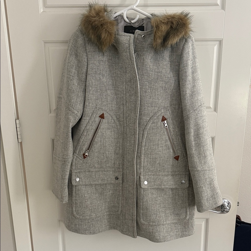J. Crew Gray wool Coat with Faux Fur Trim